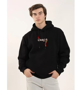 Unisex Baskılı Oversize Üç İplik Kapüşonlu Sweatshirt - Siyah