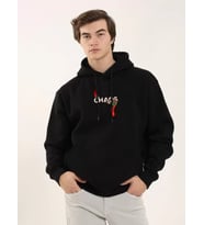 Unisex Baskılı Oversize Üç İplik Kapüşonlu Sweatshirt - Siyah