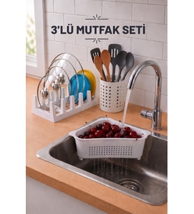 Pratik Tezgah Üstü Mutfak Düzenleyici 3'lü Set Tava Kapak Düzenleyici Kaşıklık ve Evye Süzgeci SDK-3