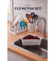 Pratik Tezgah Üstü Mutfak Düzenleyici 3'lü Set Tava Kapak Düzenleyici Kaşıklık ve Evye Süzgeci SDK-3