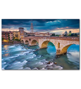 Cakatablo İtalya Verona Ponte Pietra Köprüsü ve Mor Gökler MDF Tablo