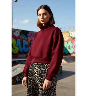 Kadın Fitted Fermuarlı Yaka Crop Rahat Kesim Crop Basic Fermuarlı Kalın Polarlı Örme Sweatshirt