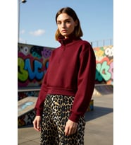 Kadın Fitted Fermuarlı Yaka Crop Rahat Kesim Crop Basic Fermuarlı Kalın Polarlı Örme Sweatshirt