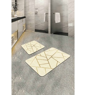 Krem Geometrik Desen Banyo Halısı Klozet Paspas Seti BS337