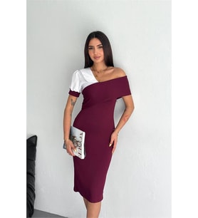 Neşeli butik kadın bordo asimetrik yaka kontrast detaylı kısa kollu midi elbise NBK4217
