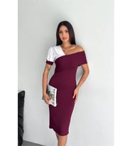 Neşeli butik kadın bordo asimetrik yaka kontrast detaylı kısa kollu midi elbise NBK4217