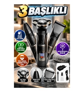 3 Başlıklı Profesyonel Şarjlı Islak ve Kuru Kullanıma Uygun Saç Sakal ve Burun Tüyü Tıraş Makinesi