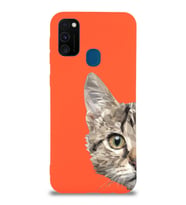 Samsung Galaxy M30s Uyumlu Lansman Kılıf Catface Tasarımlı İçi Kadife Kapak-Turuncu (Şeffaf)