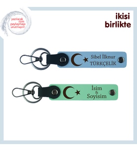 Sevgiliye Ay Yıldızlı Aşk Hatırası – Kişisel İsimli 2’li Deri Anahtarlık Seti Hediyelik, Mavi-Yeşil