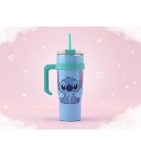 Stitch Temalı Pipetli ve Tutma Saplı 1200ml Termos Bardak - Çelik Gövdeli, Sızdırmaz Kapaklı Termos (Koyu Lacivert - Açık Gri)