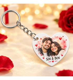 Kişiye Özel Fotoğraf, Isim ve Tarih Baskılı Kalp Anahtarlık