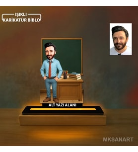 Fotoğraftan Tasarlanan Erkek Sınıf Öğretmeni Karikatürlü 14 cm MDF Işıklı Biblo - Öğretmen Hediyesi Öğretmene Özel Hediye