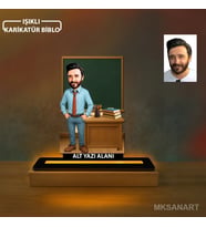 Fotoğraftan Tasarlanan Erkek Sınıf Öğretmeni Karikatürlü 14 cm MDF Işıklı Biblo - Öğretmen Hediyesi Öğretmene Özel Hediye