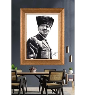 Altın Varaklı Çerçeveli Paspartulu Atatürk Tablo DC1253 (Gold)