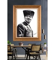 Altın Varaklı Çerçeveli Paspartulu Atatürk Tablo DC1253 (Gold)