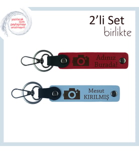 Objektife Sığan Anılar, Kamera Temalı İsme Özel Yazılabilir Anahtarlık Takımı, Kırmızı-Gök Mavi
