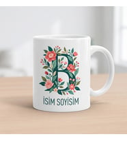 Kişiye Özel Baş Harf ve İsim Yazılı Çiçek Motiflili B Harfli Seramik Kupa Bardak