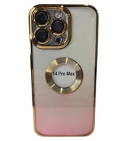 IPHONE 14 PRO MAX MAGSAFE ÖZELLİKLİ LENS KORUMALI GOLD KENARLI SİLİKON TELEFON KILIFI (Pembe)
