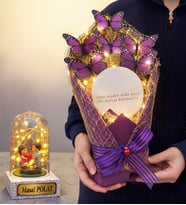 Led Işıklı Aynalı Mor Kelebek Buketi Kişiye Özel Led Işıklı Fanus Hediyeli (Model 8)