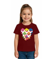 Unisex Baby Shark Baskılı Çocuk Tişört pamuklu penye kumaş (Bordo)