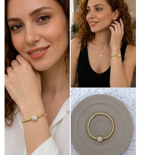 Premium Gold Renk Yuvarlak Model Parlak Taşlı 316L Detaylı Charm Bileklik - (18cm Uzunluk)