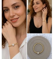 Premium Gold Renk Yuvarlak Model Parlak Taşlı 316L Detaylı Charm Bileklik - (18cm Uzunluk)
