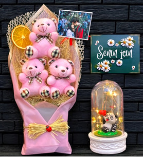 Kişiye Özel Fotoğraflı Set  Led Işıklı Fanus ve Fotoğraf Büyük Boy 3'lü Pembe Ayıcık Buketi (Model 5)