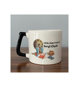 Kişiye Özel Fizik Öğretmeni Baskılı Siyah Kulplu Prime Kupa - Öğretmene Hediye Bardak Fincan Mug