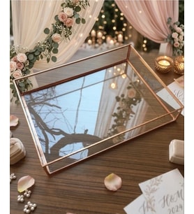 Cam Dikdörtgen Sunum Tepsi Bakır Rose Damat Kahvesi Nişan Düğün Tepsisi 28x20x5 cm