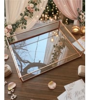 Cam Dikdörtgen Sunum Tepsi Bakır Rose Damat Kahvesi Nişan Düğün Tepsisi 28x20x5 cm