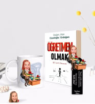 BK Gift Kişiye Özel Kadın Öğretmen Karikatürlü Beyaz Kupa Ahşap Kitap Ayracı ve Öğretmen Olmak Kitabı Hediye Seti-4