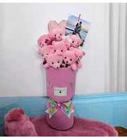 Kişiye Özel Fotoğraflı Pembe Peluş Ayıcık Peluş  Buketi Kalp Yastık
