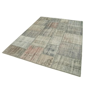 Gri El Dokuma Salon Halısı Modern Patchwork Stilinde Geometrik Desenli Yünlü Yumuşak Doku
