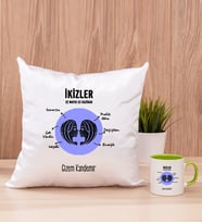 Kişiye Özel İkizler Burcuna Hediye Kare Yastık ve Yeşil Kupa