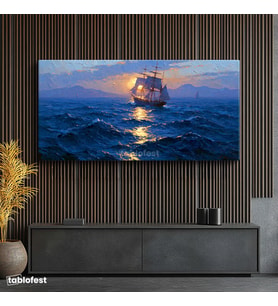 Yatay Panoramik Kanvas Tablo Yelkenli Deniz Manzara Tablosu Ev Ofis Duvar Dekoru