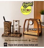 Ahşap El yapımı Masa üstü Newton Denge Topu + Kum Saatli Kupa Kalemlik 2' Lİ SET & Ofis Hediyesi Tiktop