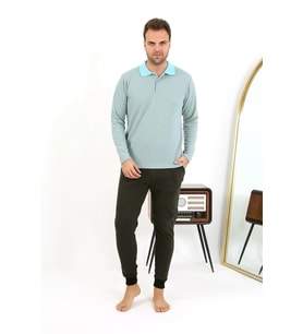 pilelistore- Erkek Polo Yaka Uzun Kol Penye Pijama Takımı Su Yeşili