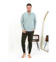 pilelistore- Erkek Polo Yaka Uzun Kol Penye Pijama Takımı Su Yeşili