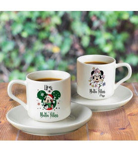 Mickey & Minnie Mouse & Yılbaşı & Mutlu Yıllar Tasarımlı İkili Türk Kahvesi Fincanı Seti Kişiye Özel