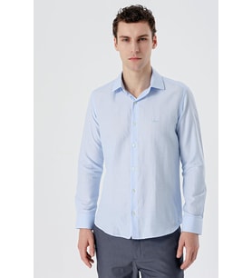 Koyu Mavi Uzun Kollu Desenli Armürlü Sert Yaka Cepsiz Pamuklu Slim Fit Dar Kesim Gömlek 1004235168