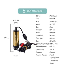 KIZILIRMAK 12 VOLT ALÜMİNYUM DALGIÇ TİPİ SIVI AKTARMA POMPASI (FİLTRELİ + ARAPUARLI)