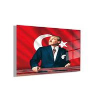 Temperli Gerçek Cam Yatay Ofis Duvar Tablosu Atatürk Görseli