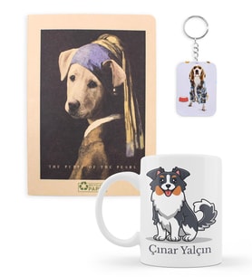 Kişiye Özel Köpek Figürlü Kupa & İnci Küpeli Köpek Figürlü Defter & Köpek Figürlü Anahtarlık Hediye Seti