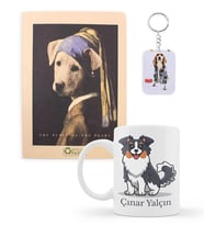 Kişiye Özel Köpek Figürlü Kupa & İnci Küpeli Köpek Figürlü Defter & Köpek Figürlü Anahtarlık Hediye Seti