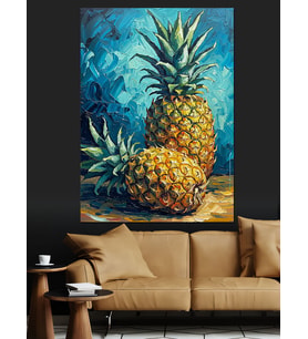 Mavi Arka Fon Ve Ananas Tropical Meyve Dekoratif Kanvas - Mdf Ahşap Tablo