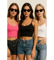 Kadın 3'lü Paket Siyah Beyaz Pembe Kısa Crop İp Askılı Kayık Yaka Krop Bluz Büstiyer