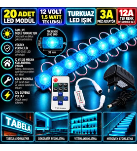 20 Adet 12V 1,5W Tek Lensli 3030 Turkuaz Led Modül 3A Priz Adaptör 12A Tek Renk RF Dimmer Set