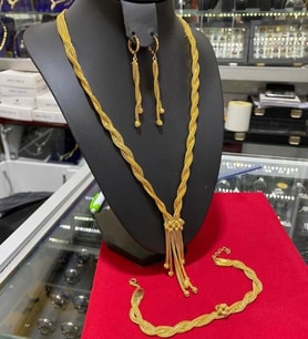 22 AYAR ALTINKAPLAMA KADIN GOLD ÖZEL TASARIM EL İŞİ ÖRGÜ 3LÜ SET KOLYE KÜNYE KÜPE