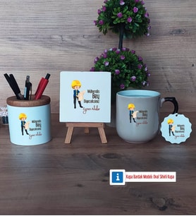 Mühendisler Günü Hediyesi Dekoratif Taş, Kalemlik, Sihirli Oval Kupa Bardak, Ahşap Anahtarlık Hediye (Model 1)