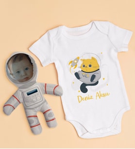 BK Kids Kişiye Özel Fotoğraflı Bebek Yastık ve Bebek Body Zıbın Hediye Seti - Model 46